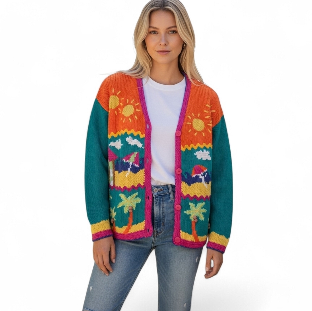 Vintage Hand Knit Beach Scene Cardigan – Statement Graphic Sweater. S/M